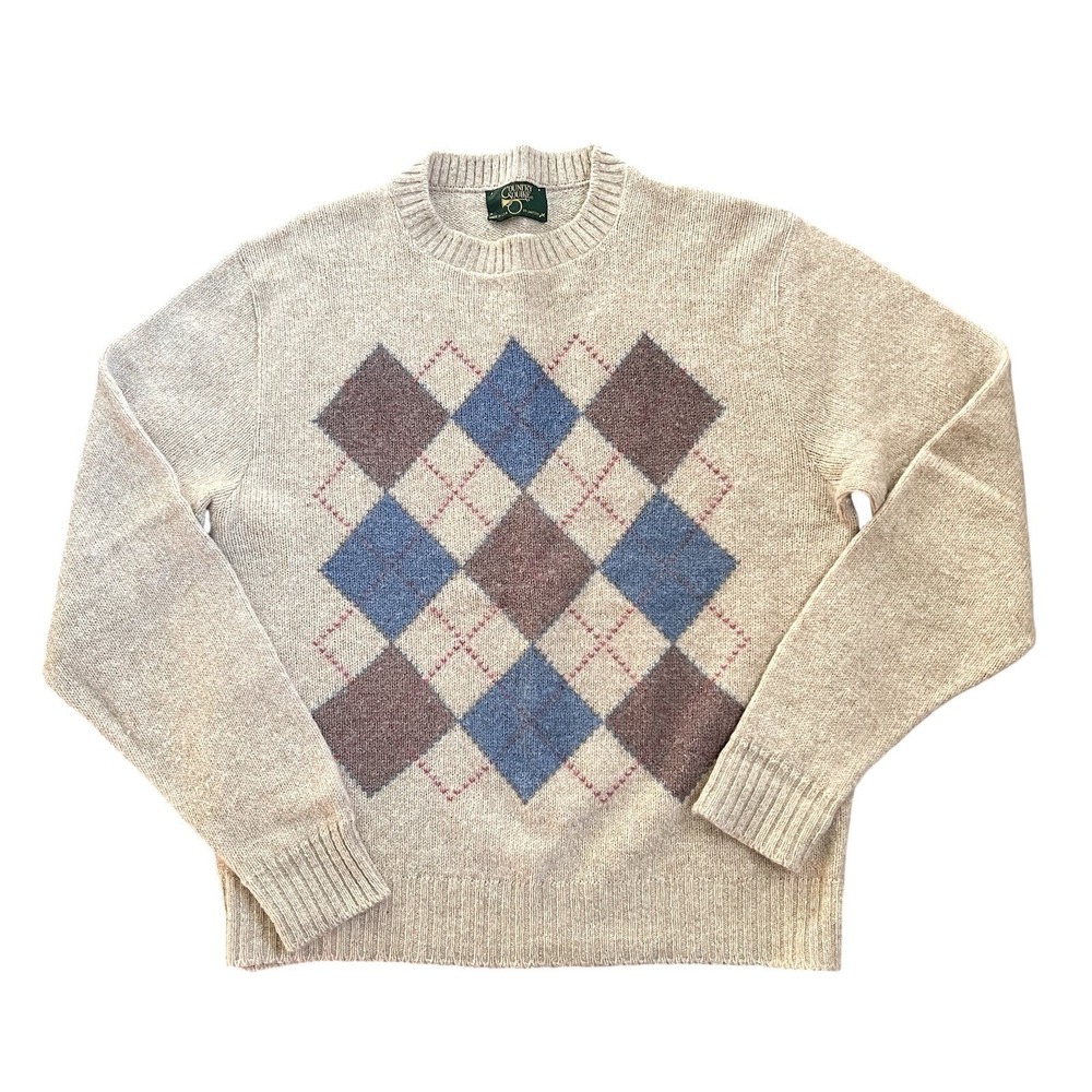 VTG Jantzen Country Squire Sweater M Ivory Argyle Preppy USA Y2K Grandpa Core